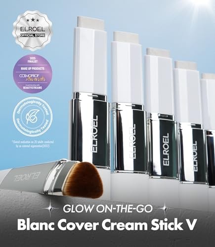 ELROEL Blanc Cover Cream Stick V White - Korean Color-Changing Foundation Stick with Volufiline - Medium to Full Coverage Dewy Finish Base Makeup - Du